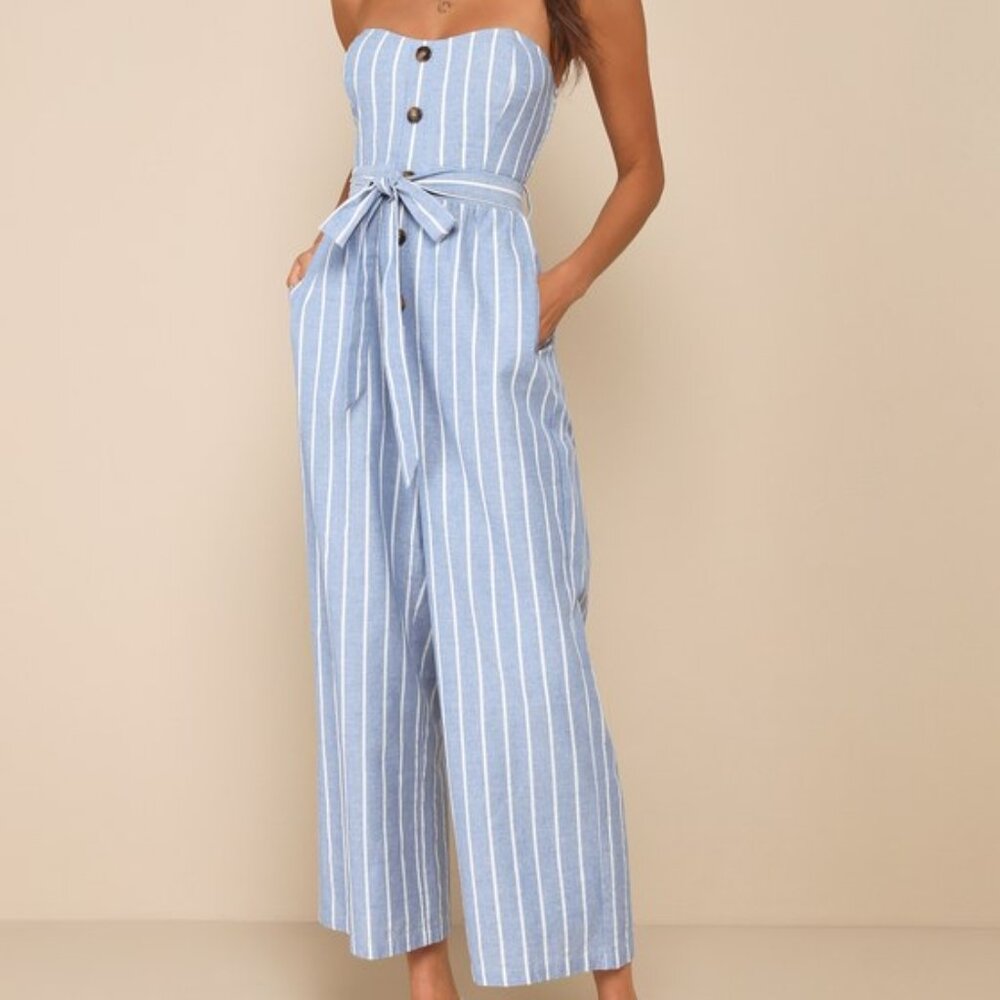 Lulus Sunny Day Classic Blue And White Striped Strapless Jumpsuit - Size XXL